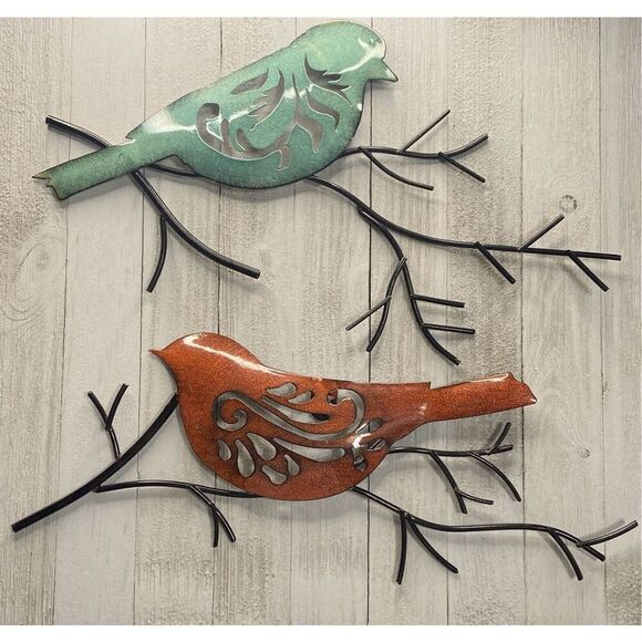 Set of 2 Painted Birds on Branches Twigs Metal Wall Art Hanging Wall Sculptures - Picture 1 of 12